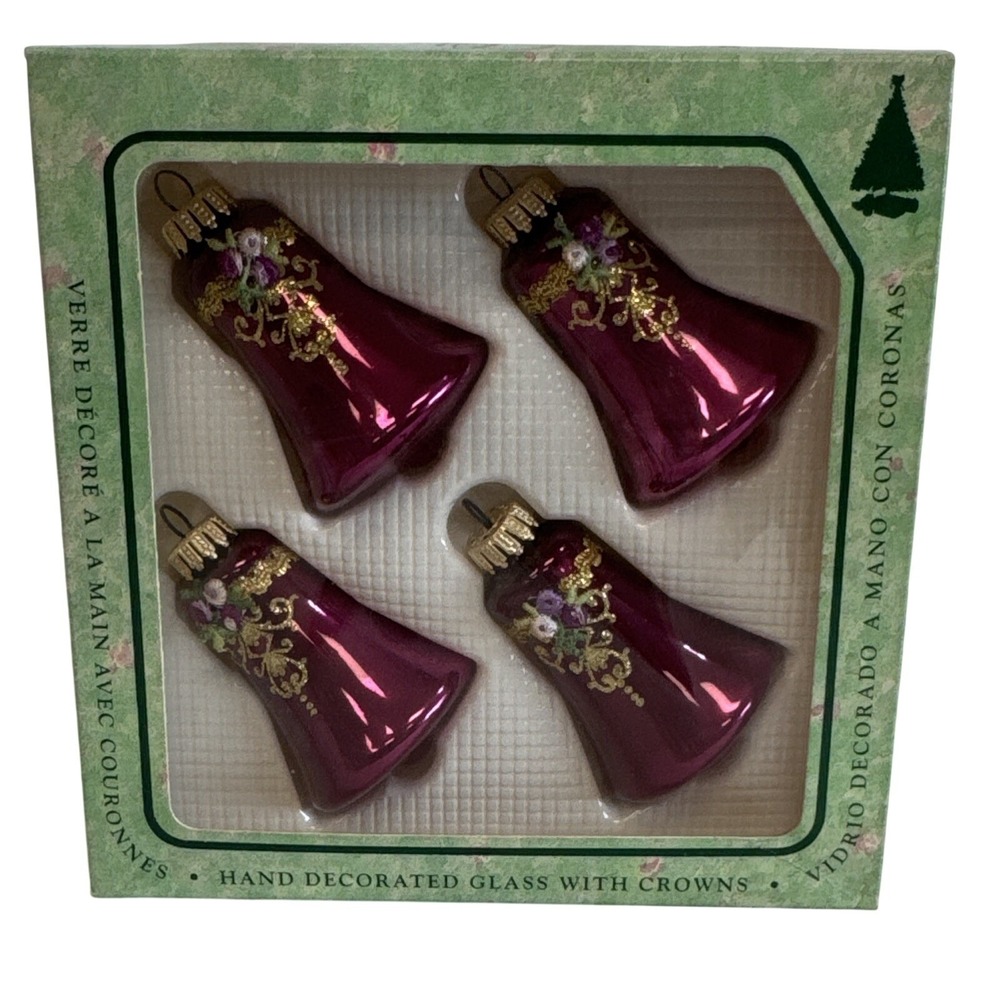 Christmas by Krebs Glass Bell Ornaments Set of 4 Pink Purple Gold Boxed